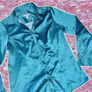 Small Shirt Pajamacore Silky Satin Retro Croft & Barrow Stretch Smooth Top Green